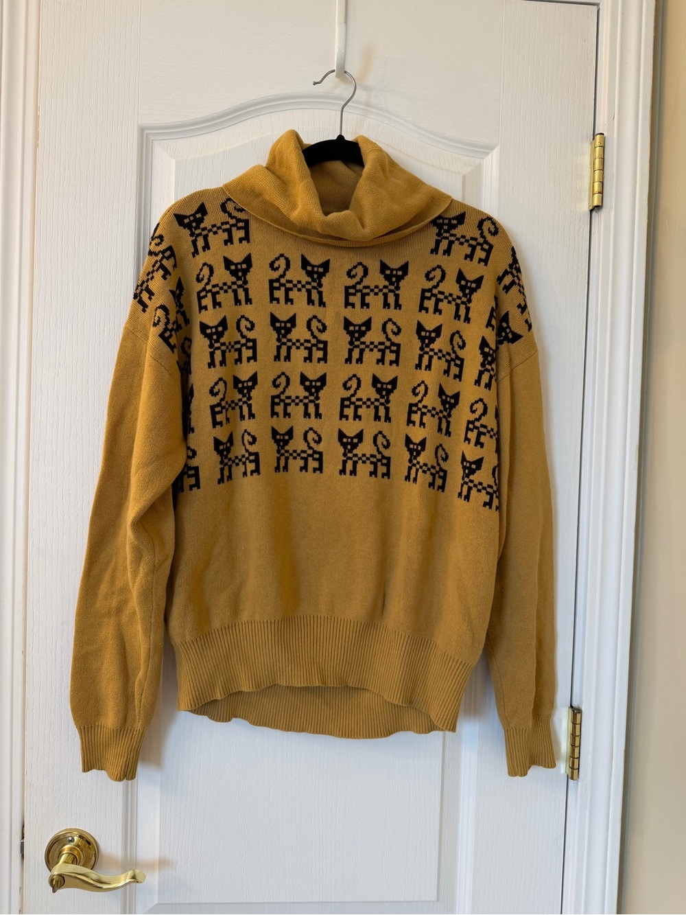 Pepaloves Cat Print Cowl Neck Sweater Mustard Black Size Medium